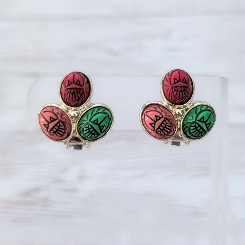 Vintage Clip On Earrings 1960s Etruscan Scarab Green Red Salmon Pink Lucite